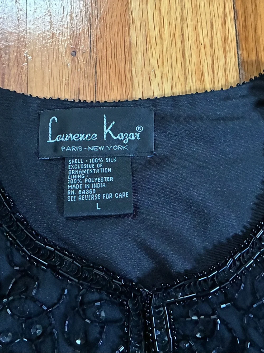 VTG Laurence Kazar Black Beaded Sequin Silk Open Front Lined Jacket Women’s L